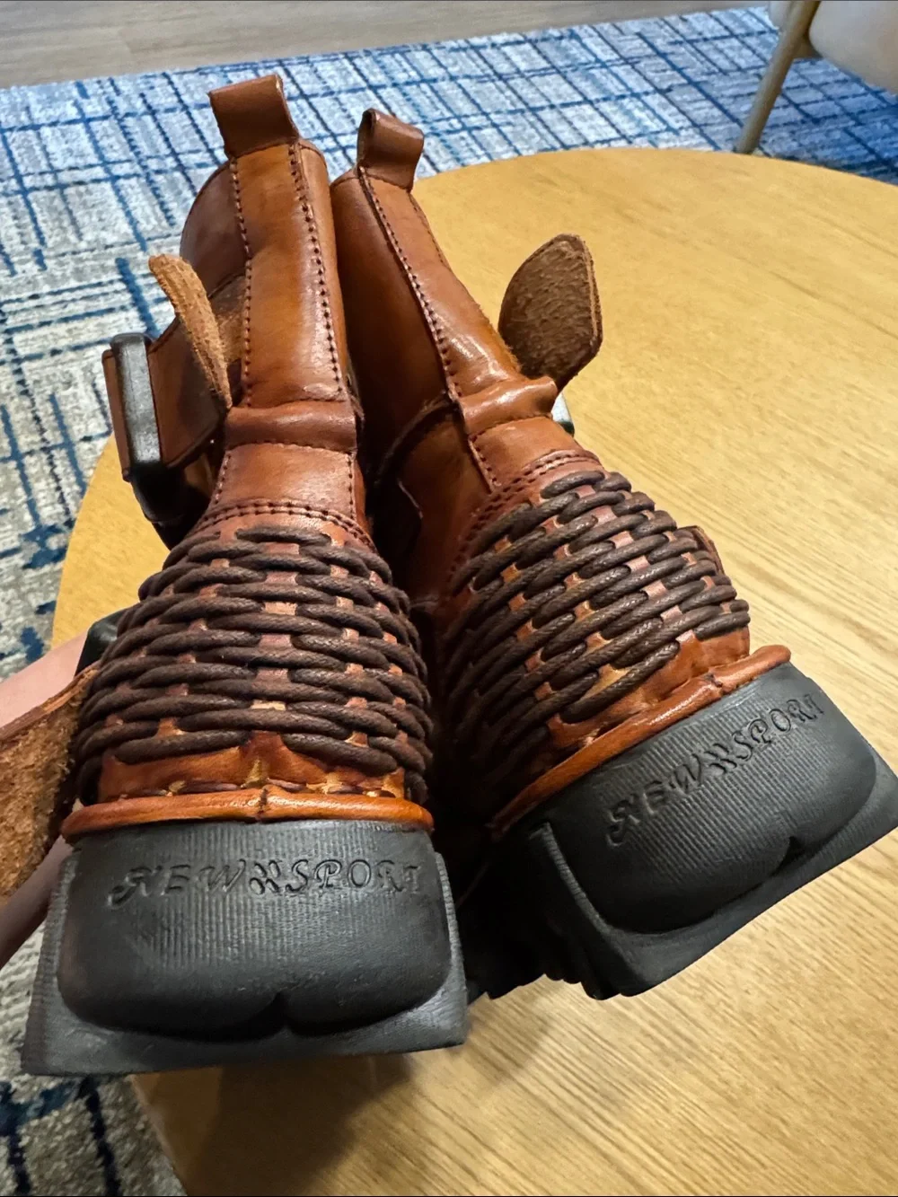 Women's Tan Woven Leather Moto Combat Boots - Picture 10 of 12